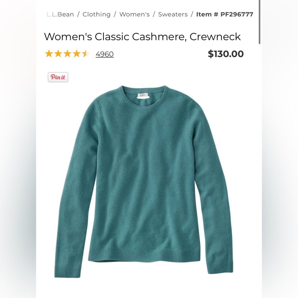 L.L. Bean Women's Classic Cashmere Crewneck Sweater - Storm Teal size Large Tall
